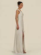 KissDress-Saphir Dove Gray A Line Chiffon V Neck Ruched Long Bridesmaid Dress with Slit