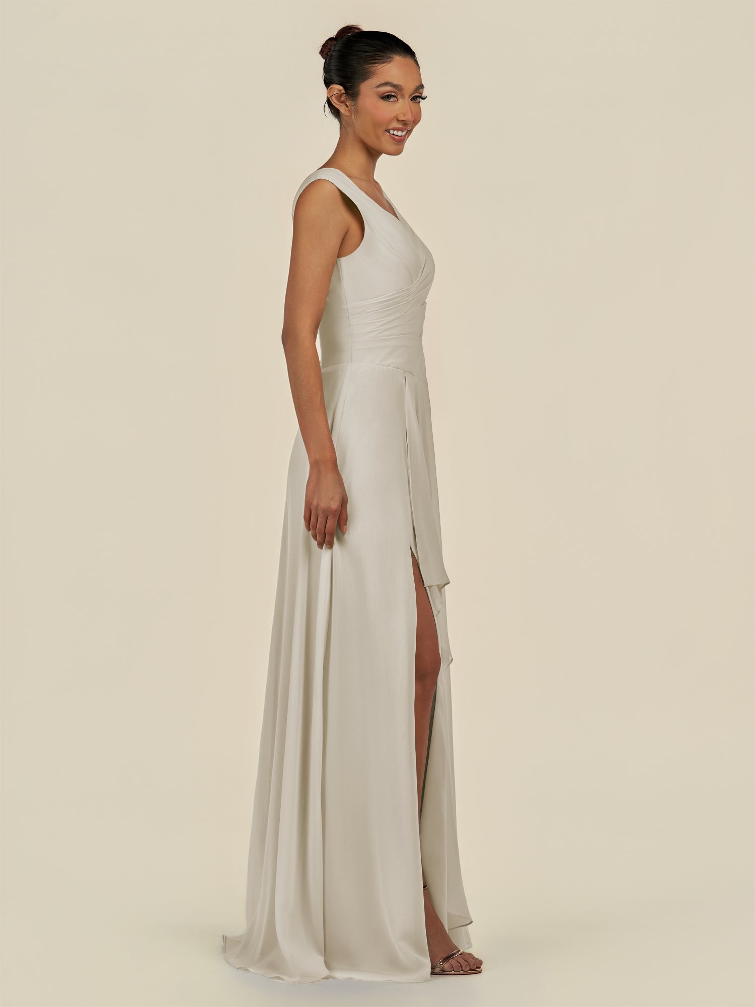 KissDress-Saphir Dove Gray A Line Chiffon V Neck Ruched Long Bridesmaid Dress with Slit