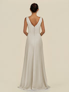 KissDress-Saphir Dove Gray A Line Chiffon V Neck Ruched Long Bridesmaid Dress with Slit