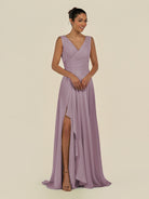 KissDress-Saphir Dusk A Line Chiffon V Neck Ruched Long Bridesmaid Dress with Slit