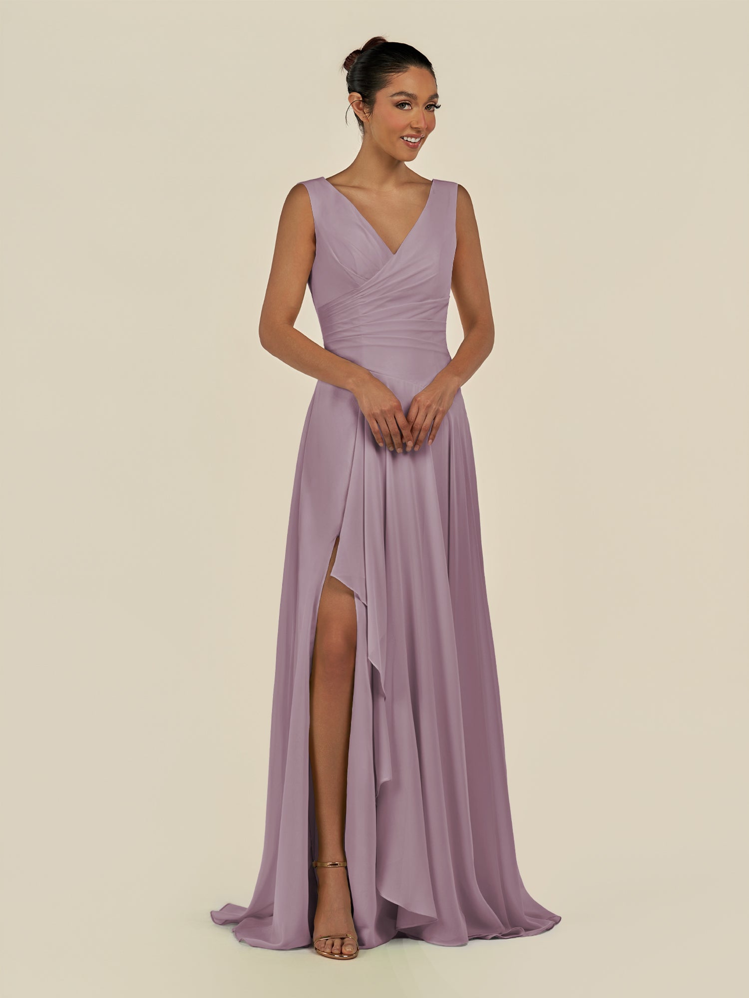 KissDress-Saphir Dusk A Line Chiffon V Neck Ruched Long Bridesmaid Dress with Slit