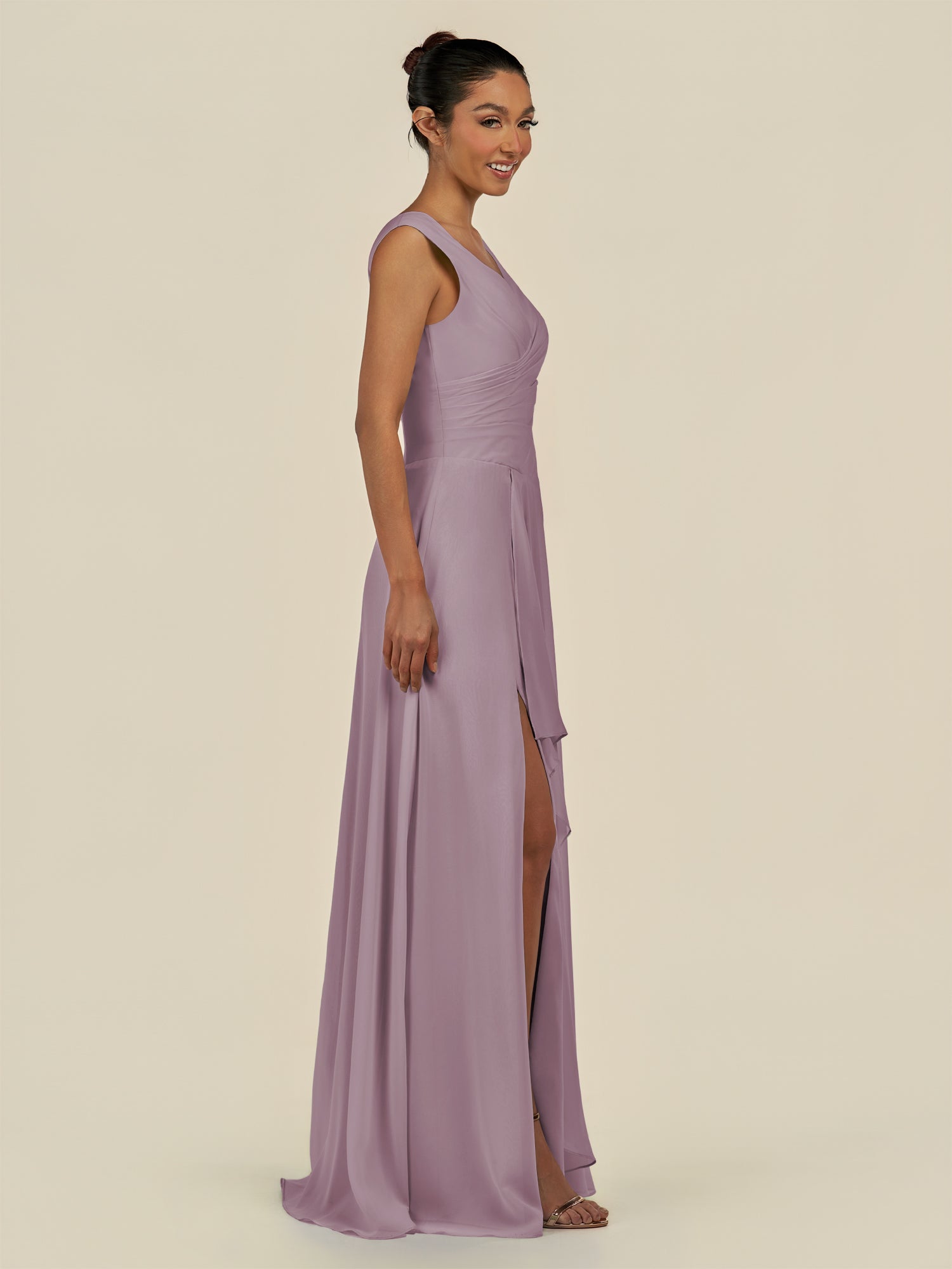 KissDress-Saphir Dusk A Line Chiffon V Neck Ruched Long Bridesmaid Dress with Slit