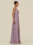 KissDress-Saphir Dusk A Line Chiffon V Neck Ruched Long Bridesmaid Dress with Slit