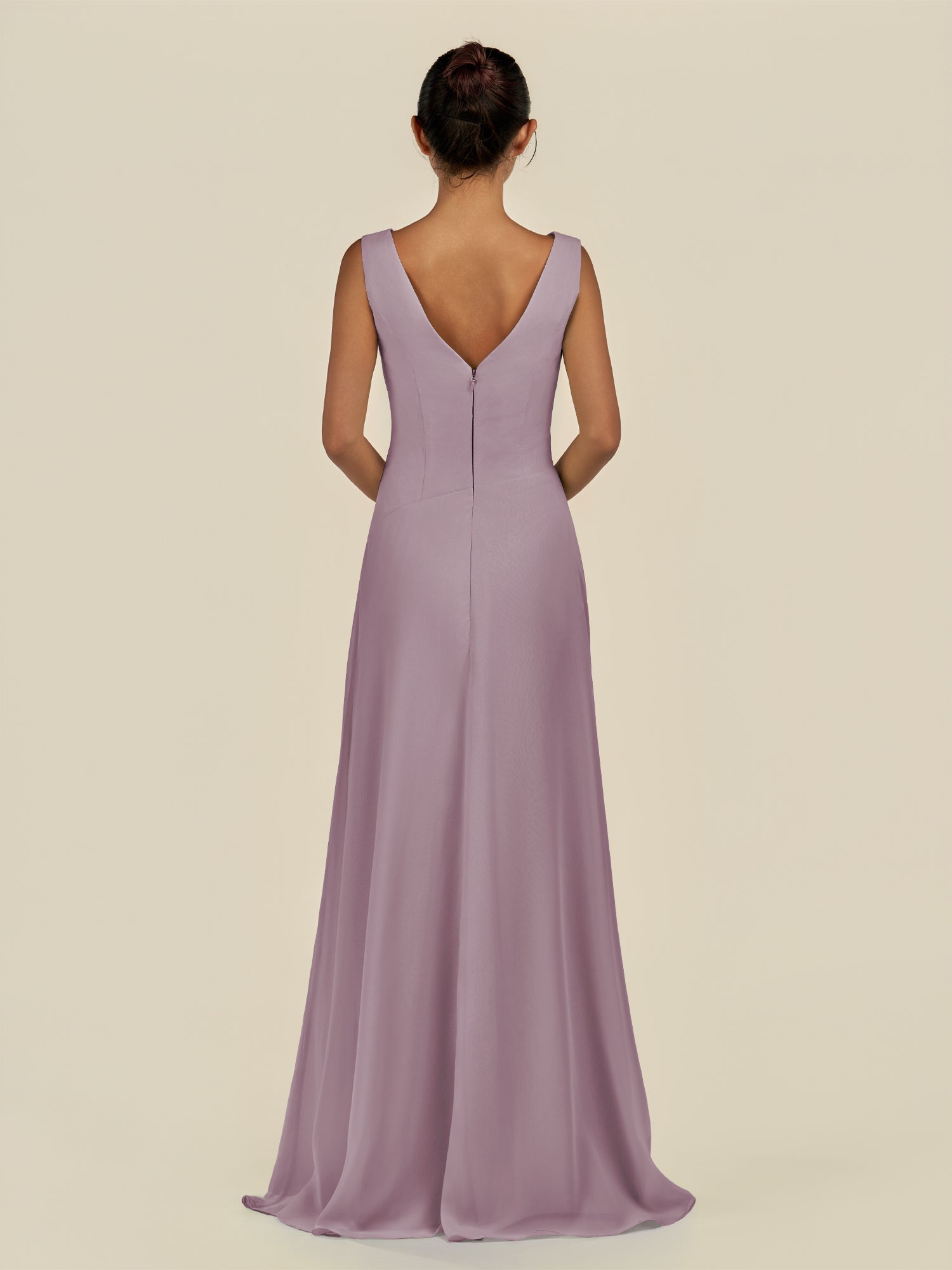 KissDress-Saphir Dusk A Line Chiffon V Neck Ruched Long Bridesmaid Dress with Slit