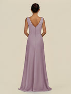 KissDress-Saphir Dusk A Line Chiffon V Neck Ruched Long Bridesmaid Dress with Slit