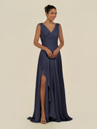 KissDress-Saphir Dusk Blue A Line Chiffon V Neck Ruched Long Bridesmaid Dress with Slit