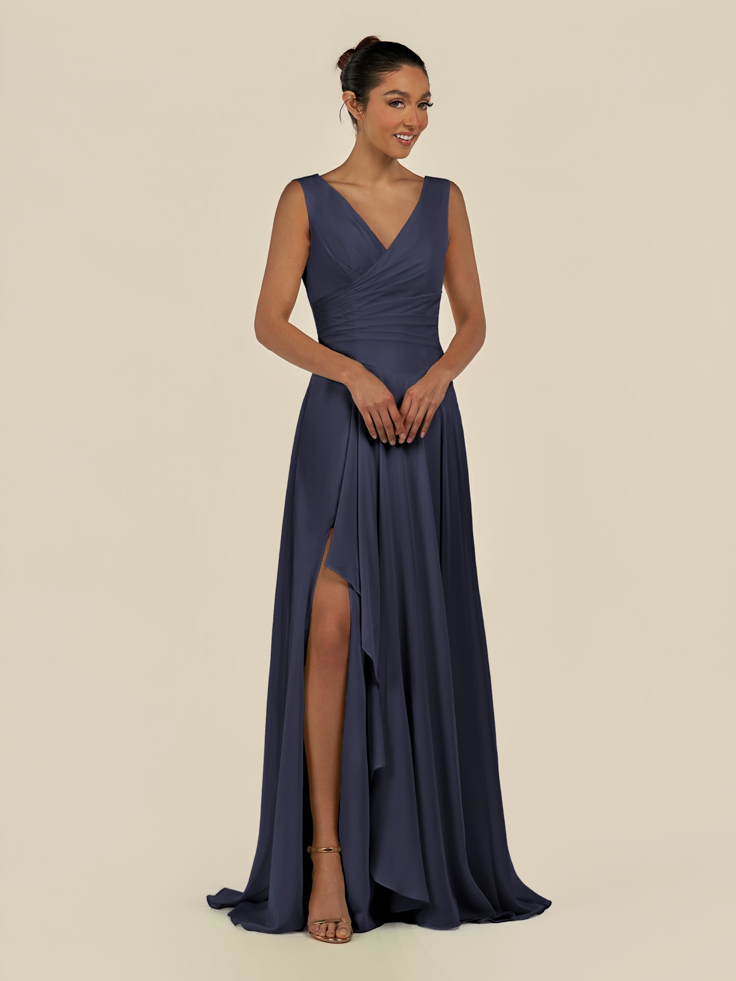 KissDress-Saphir Dusk Blue A Line Chiffon V Neck Ruched Long Bridesmaid Dress with Slit
