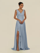 KissDress-Saphir Dusty Blue A Line Chiffon V Neck Ruched Long Bridesmaid Dress with Slit