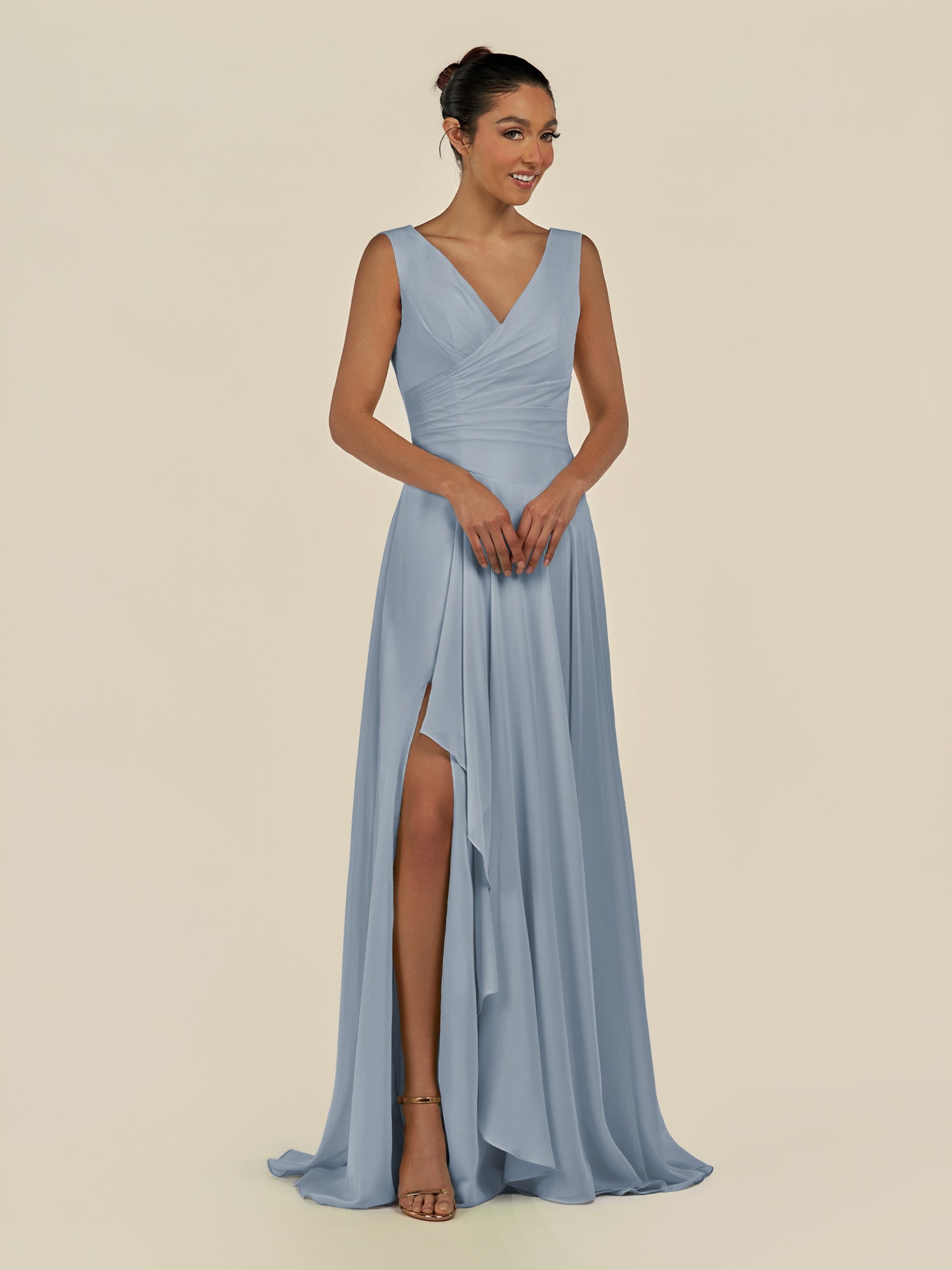 KissDress-Saphir Dusty Blue A Line Chiffon V Neck Ruched Long Bridesmaid Dress with Slit
