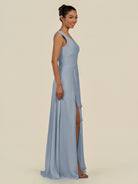 KissDress-Saphir Dusty Blue A Line Chiffon V Neck Ruched Long Bridesmaid Dress with Slit