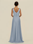 KissDress-Saphir Dusty Blue A Line Chiffon V Neck Ruched Long Bridesmaid Dress with Slit