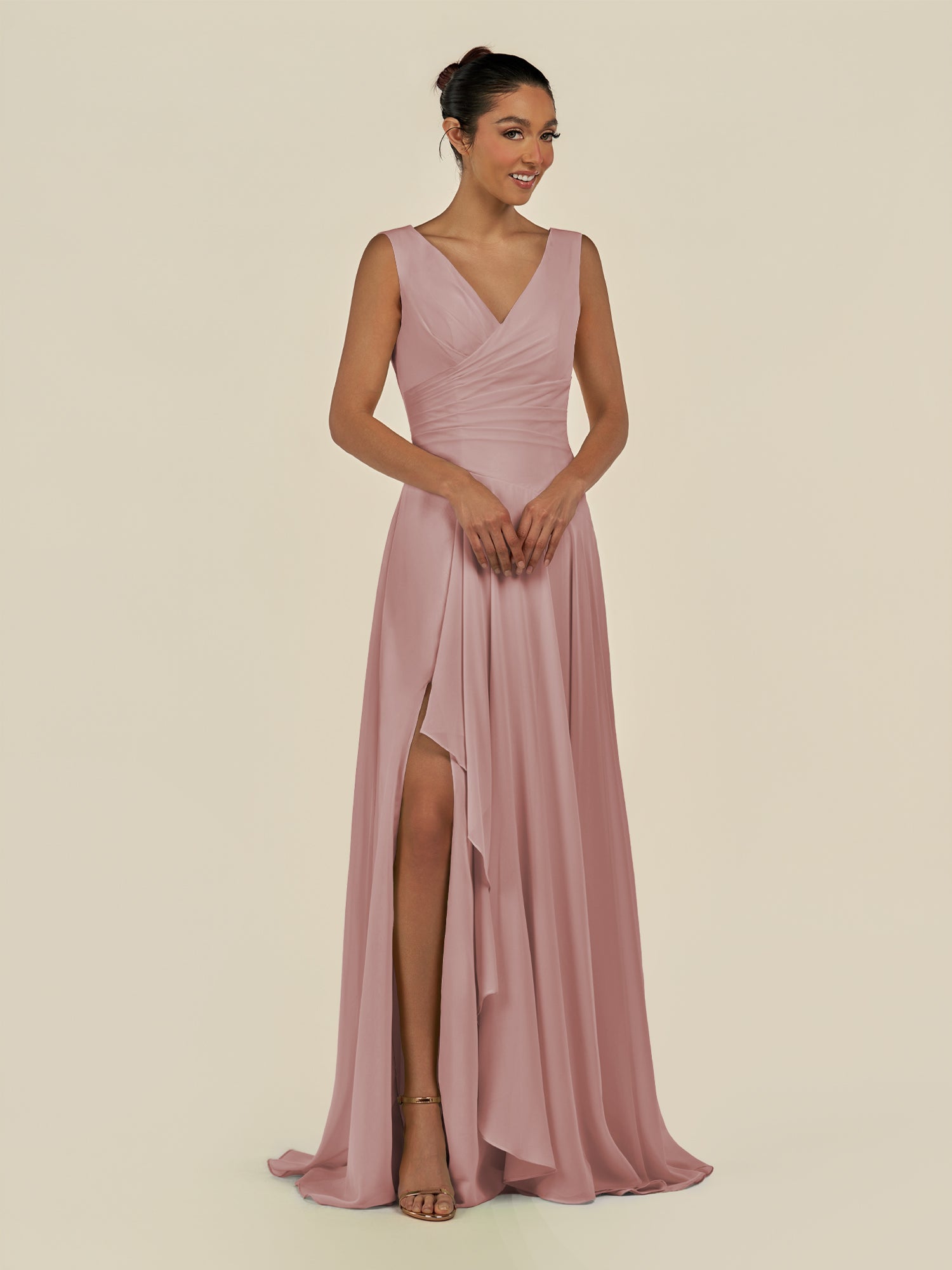 KissDress-Saphir Dusty Rose A Line Chiffon V Neck Ruched Long Bridesmaid Dress with Slit
