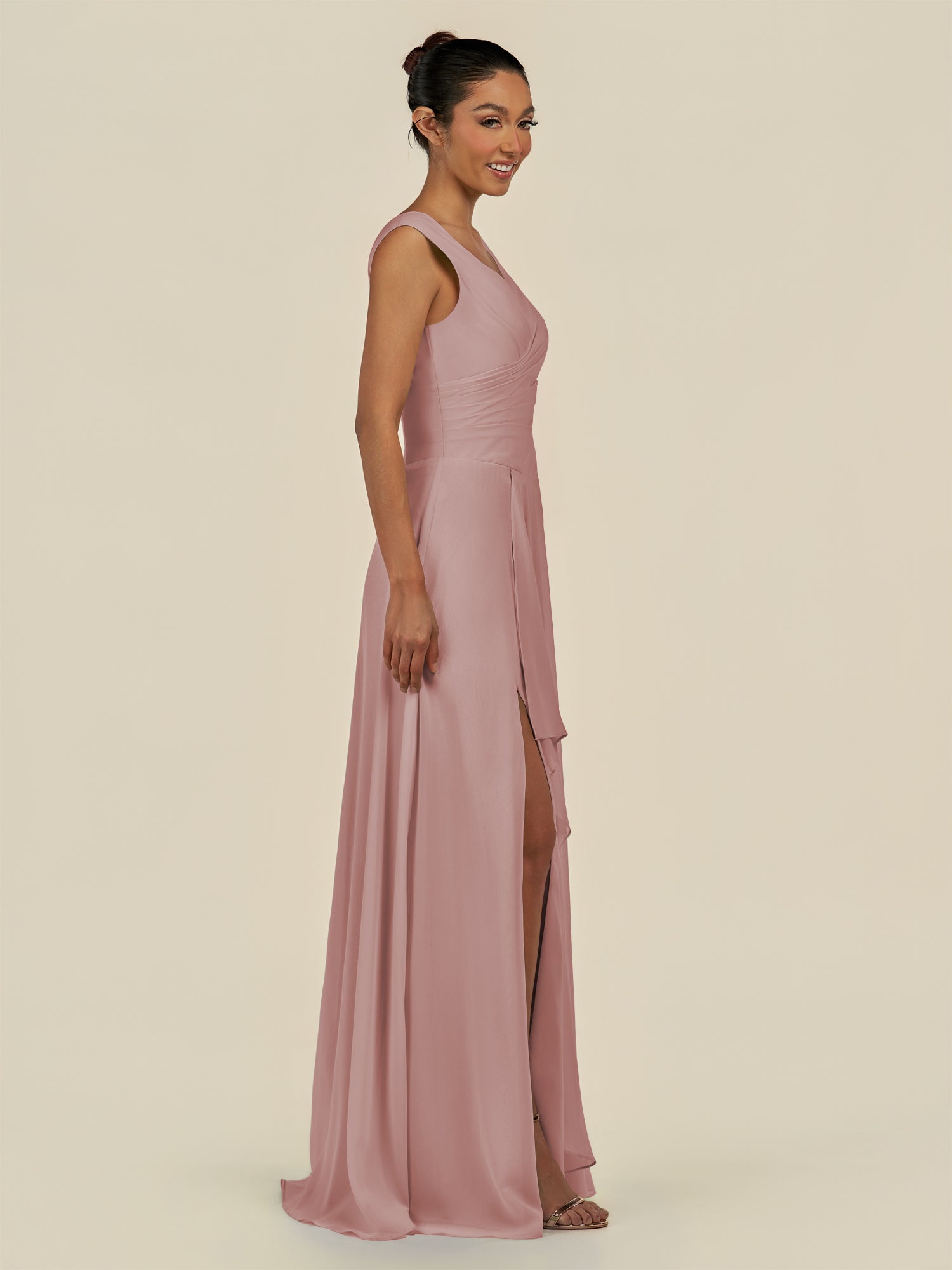 KissDress-Saphir Dusty Rose A Line Chiffon V Neck Ruched Long Bridesmaid Dress with Slit