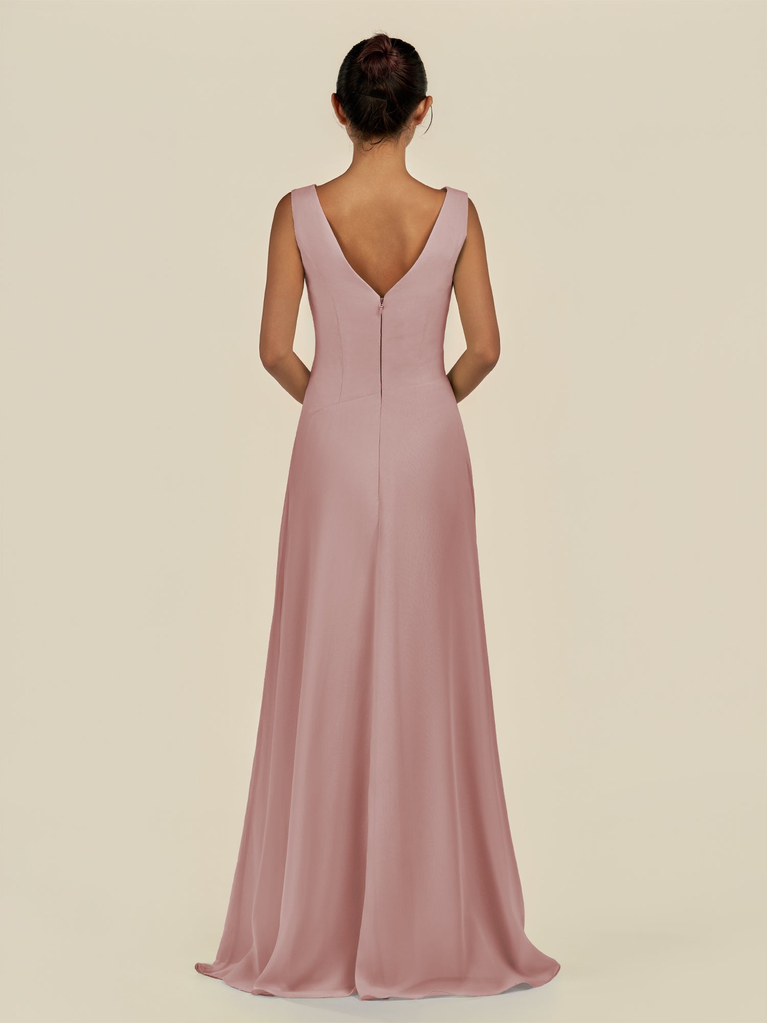 KissDress-Saphir Dusty Rose A Line Chiffon V Neck Ruched Long Bridesmaid Dress with Slit