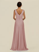 KissDress-Saphir Dusty Rose A Line Chiffon V Neck Ruched Long Bridesmaid Dress with Slit