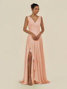 KissDress-Saphir English Rose A Line Chiffon V Neck Ruched Long Bridesmaid Dress with Slit