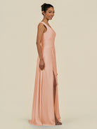 KissDress-Saphir English Rose A Line Chiffon V Neck Ruched Long Bridesmaid Dress with Slit