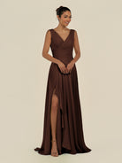 KissDress-Saphir Espresso A Line Chiffon V Neck Ruched Long Bridesmaid Dress with Slit