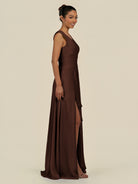 KissDress-Saphir Espresso A Line Chiffon V Neck Ruched Long Bridesmaid Dress with Slit
