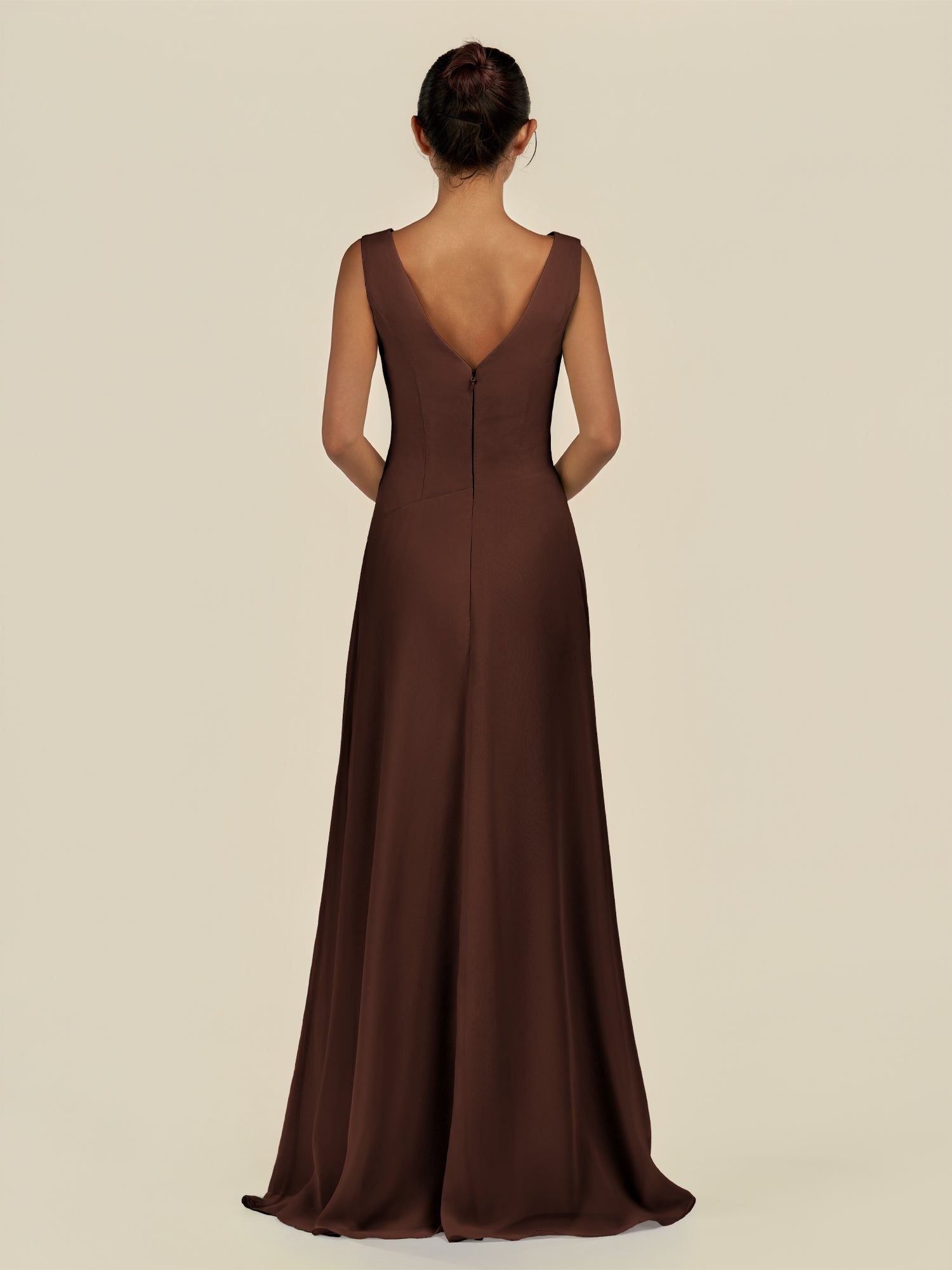 KissDress-Saphir Espresso A Line Chiffon V Neck Ruched Long Bridesmaid Dress with Slit