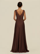 KissDress-Saphir Espresso A Line Chiffon V Neck Ruched Long Bridesmaid Dress with Slit