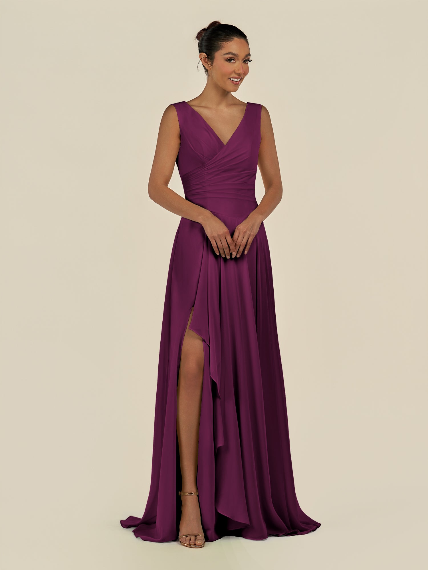 KissDress-Saphir Fig A Line Chiffon V Neck Ruched Long Bridesmaid Dress with Slit