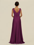 KissDress-Saphir Fig A Line Chiffon V Neck Ruched Long Bridesmaid Dress with Slit