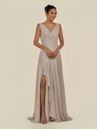 KissDress-Saphir Frost A Line Chiffon V Neck Ruched Long Bridesmaid Dress with Slit