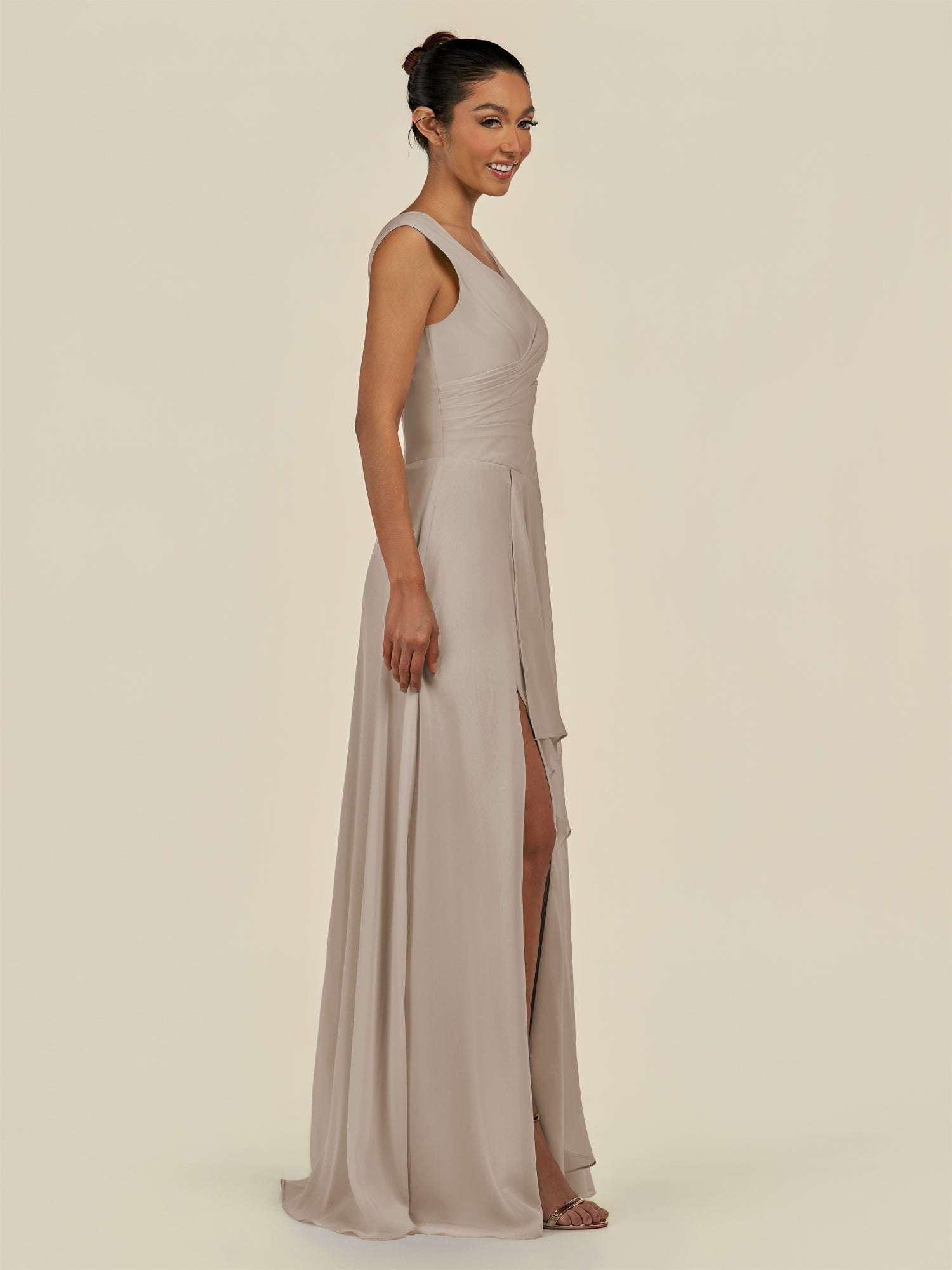 KissDress-Saphir Frost A Line Chiffon V Neck Ruched Long Bridesmaid Dress with Slit