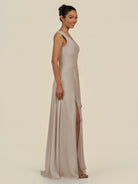 KissDress-Saphir Frost A Line Chiffon V Neck Ruched Long Bridesmaid Dress with Slit