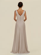 KissDress-Saphir Frost A Line Chiffon V Neck Ruched Long Bridesmaid Dress with Slit