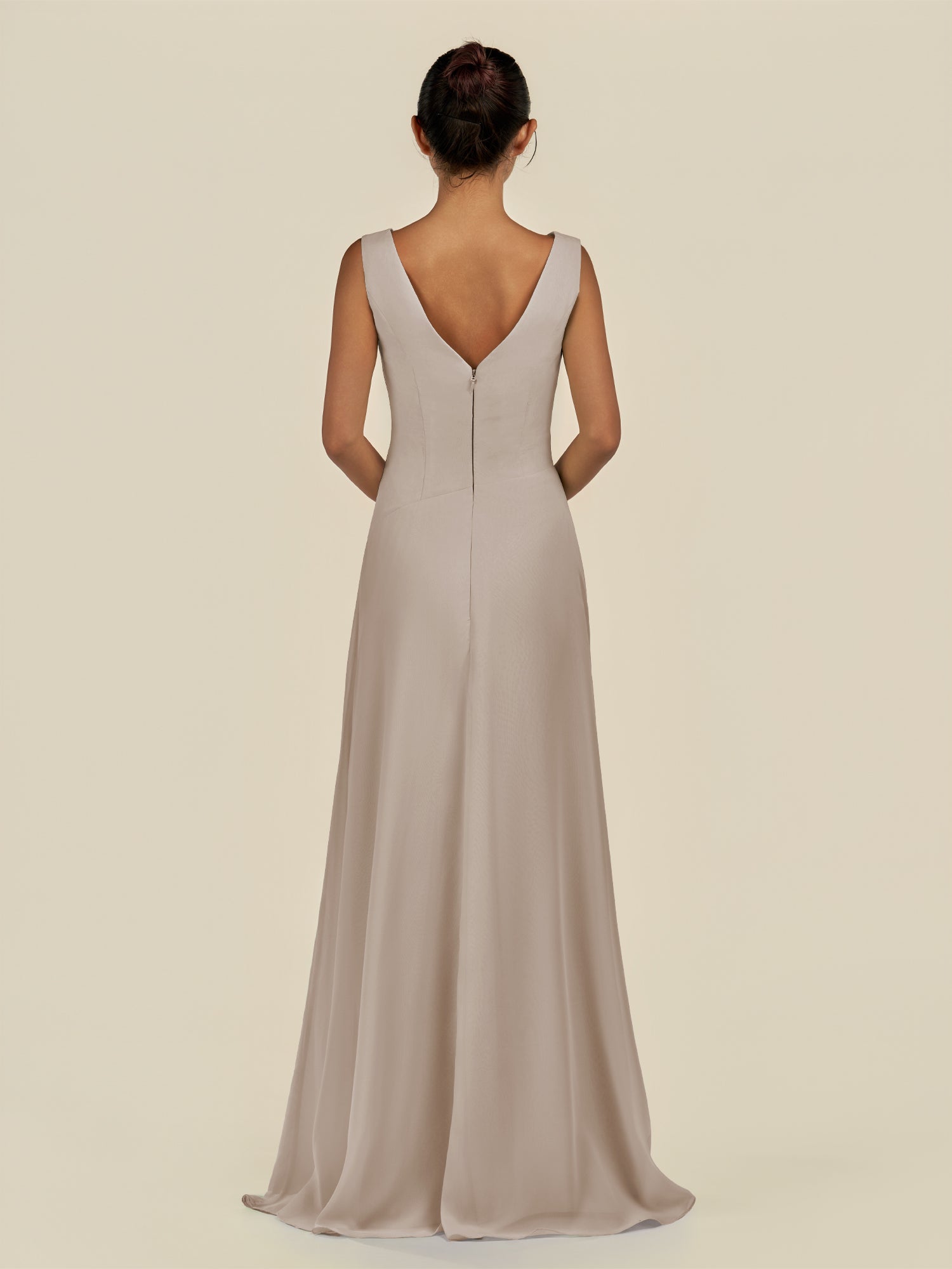 KissDress-Saphir Frost A Line Chiffon V Neck Ruched Long Bridesmaid Dress with Slit