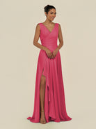 KissDress-Saphir Fuchsia A Line Chiffon V Neck Ruched Long Bridesmaid Dress with Slit