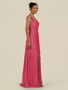 KissDress-Saphir Fuchsia A Line Chiffon V Neck Ruched Long Bridesmaid Dress with Slit