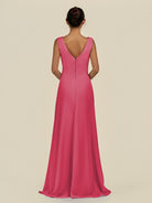 KissDress-Saphir Fuchsia A Line Chiffon V Neck Ruched Long Bridesmaid Dress with Slit
