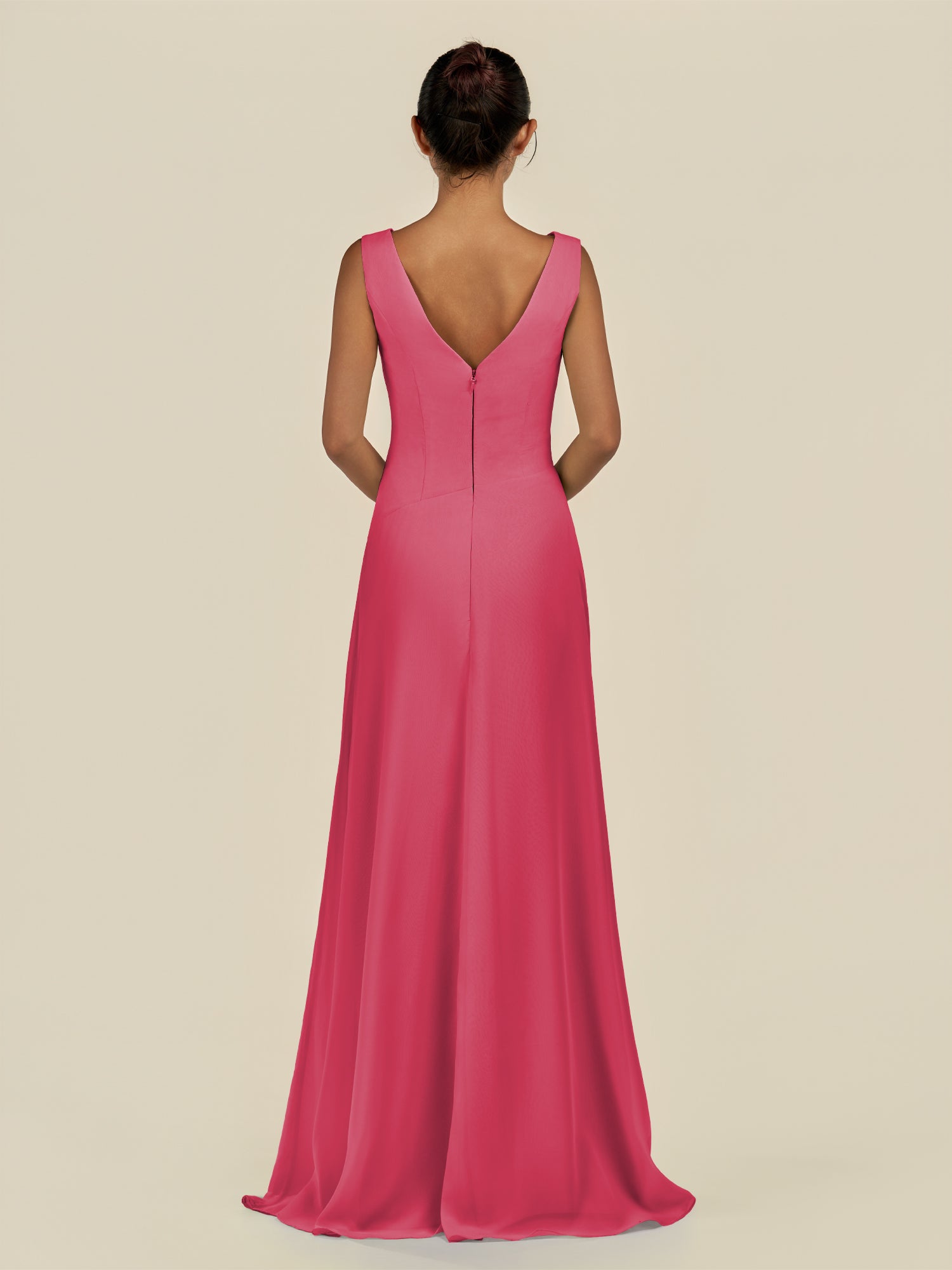 KissDress-Saphir Fuchsia A Line Chiffon V Neck Ruched Long Bridesmaid Dress with Slit
