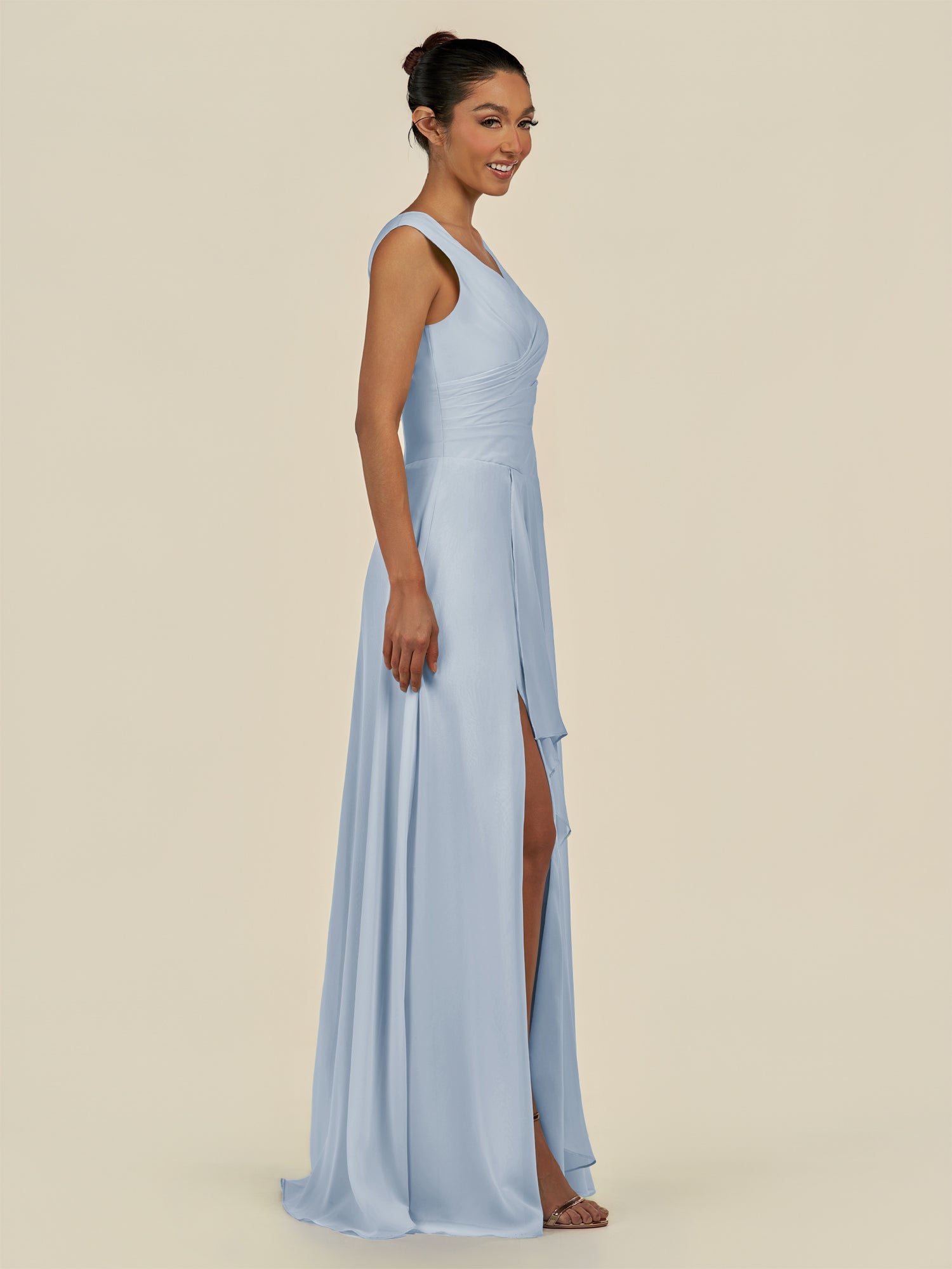 KissDress-Saphir Ice A Line Chiffon V Neck Ruched Long Bridesmaid Dress with Slit