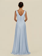 KissDress-Saphir Ice A Line Chiffon V Neck Ruched Long Bridesmaid Dress with Slit