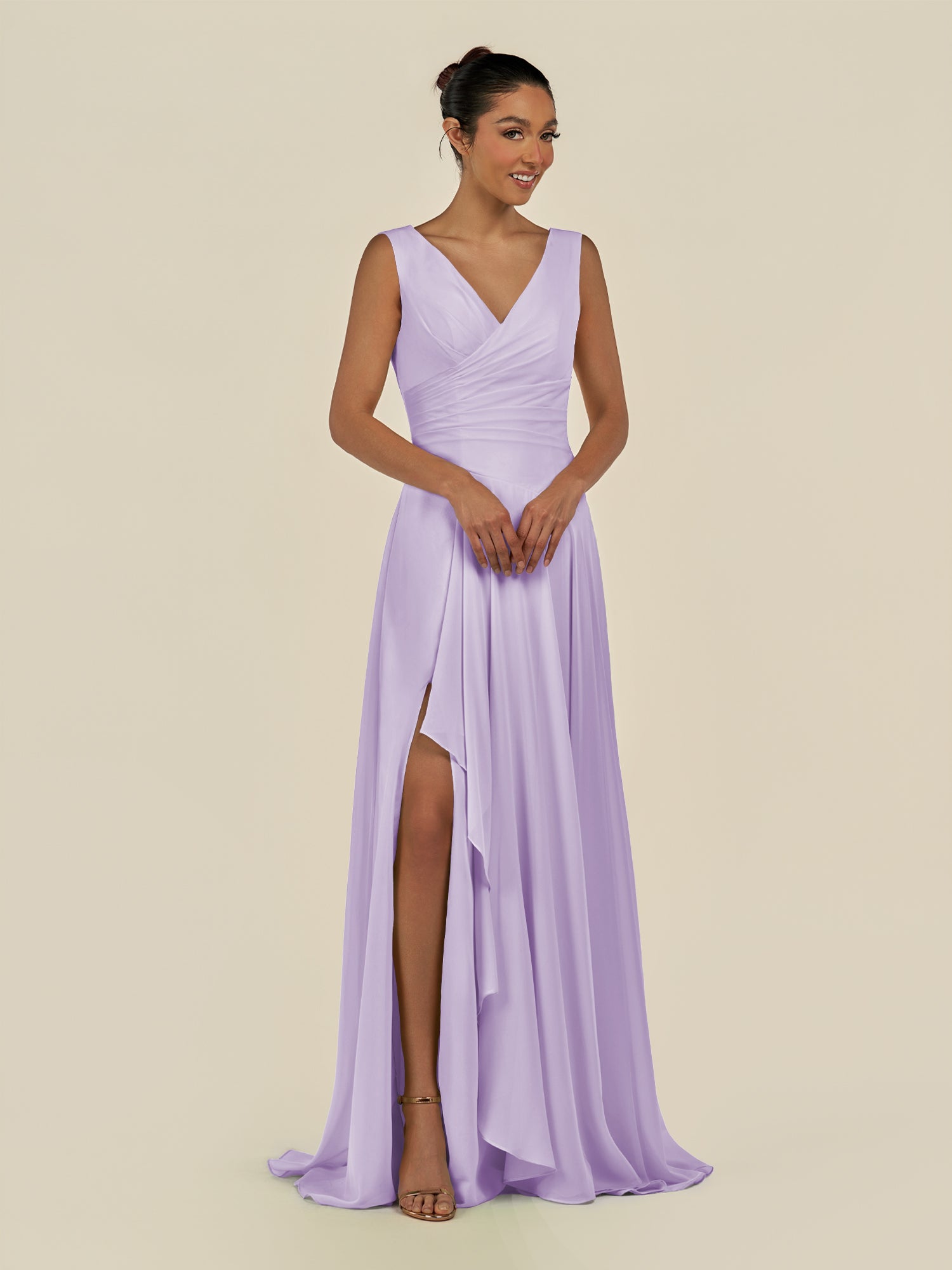 KissDress-Saphir Lavender A Line Chiffon V Neck Ruched Long Bridesmaid Dress with Slit