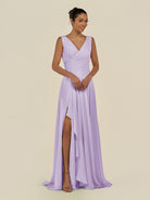 KissDress-Saphir Lavender A Line Chiffon V Neck Ruched Long Bridesmaid Dress with Slit