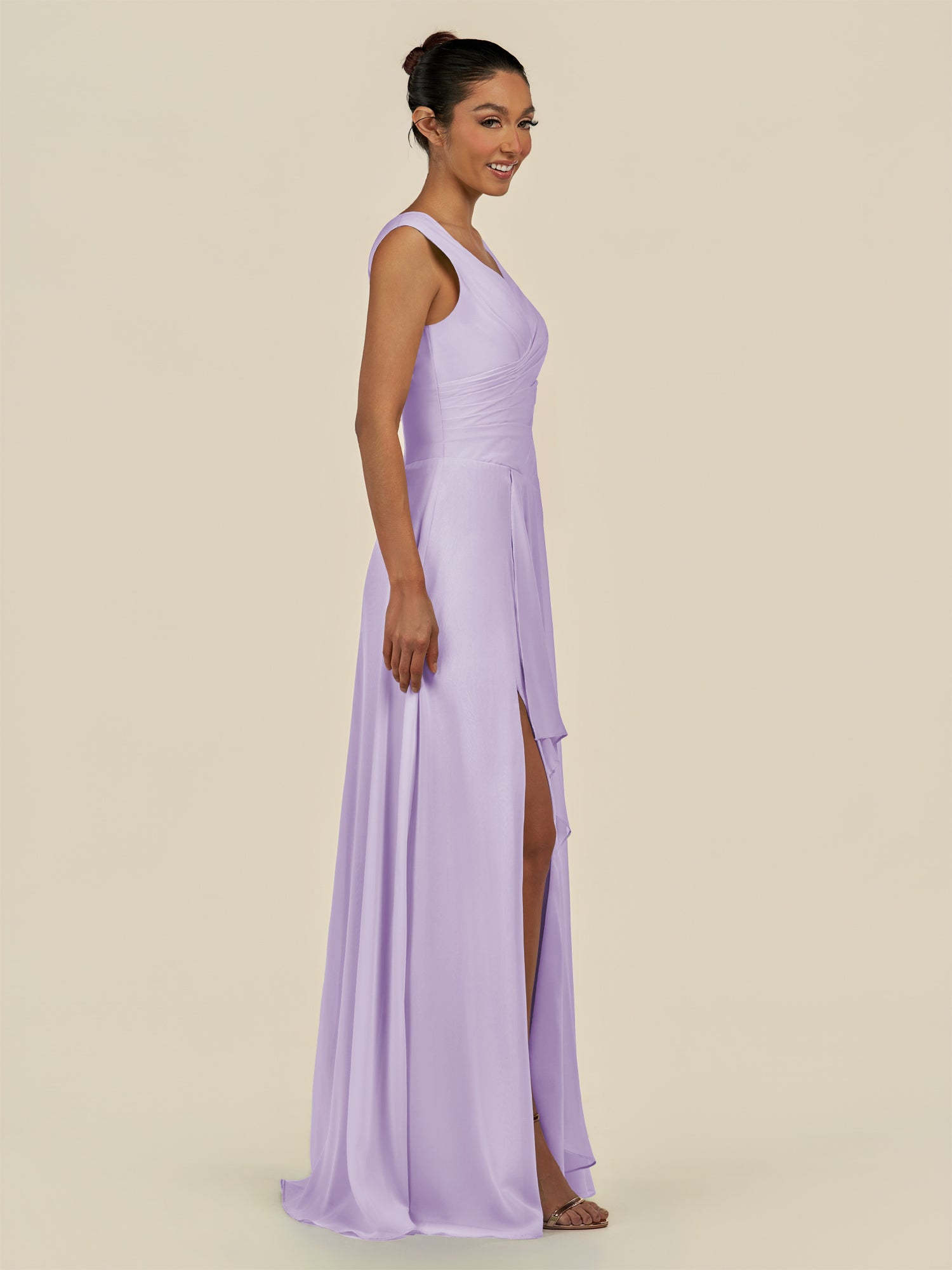 KissDress-Saphir Lavender A Line Chiffon V Neck Ruched Long Bridesmaid Dress with Slit