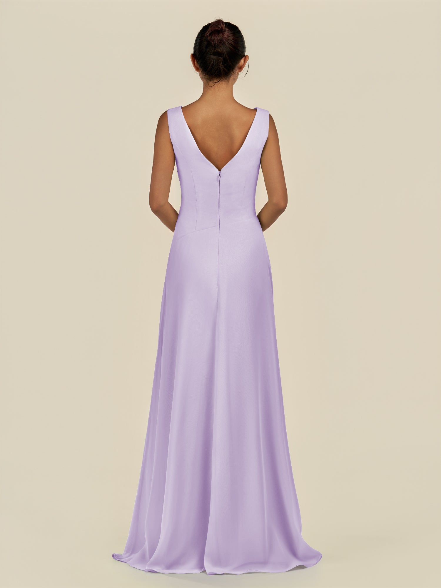 KissDress-Saphir Lavender A Line Chiffon V Neck Ruched Long Bridesmaid Dress with Slit