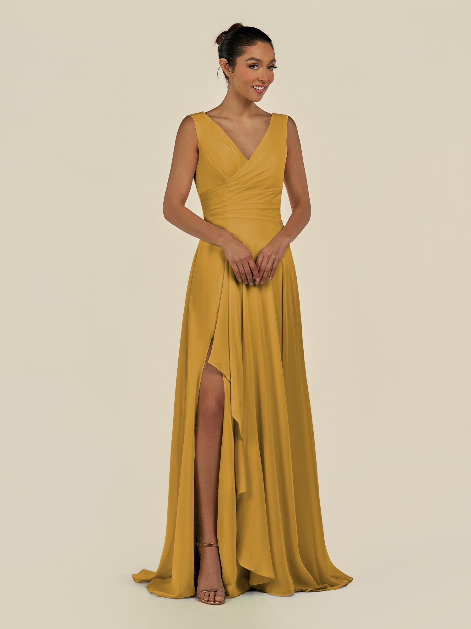 KissDress-Saphir Marigold A Line Chiffon V Neck Ruched Long Bridesmaid Dress with Slit
