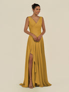 KissDress-Saphir Marigold A Line Chiffon V Neck Ruched Long Bridesmaid Dress with Slit