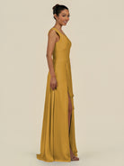 KissDress-Saphir Marigold A Line Chiffon V Neck Ruched Long Bridesmaid Dress with Slit