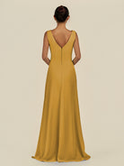 KissDress-Saphir Marigold A Line Chiffon V Neck Ruched Long Bridesmaid Dress with Slit