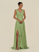KissDress-Saphir Matcha A Line Chiffon V Neck Ruched Long Bridesmaid Dress with Slit