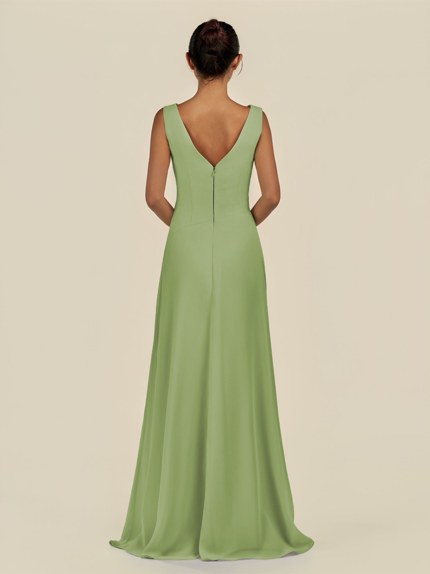 KissDress-Saphir Matcha A Line Chiffon V Neck Ruched Long Bridesmaid Dress with Slit