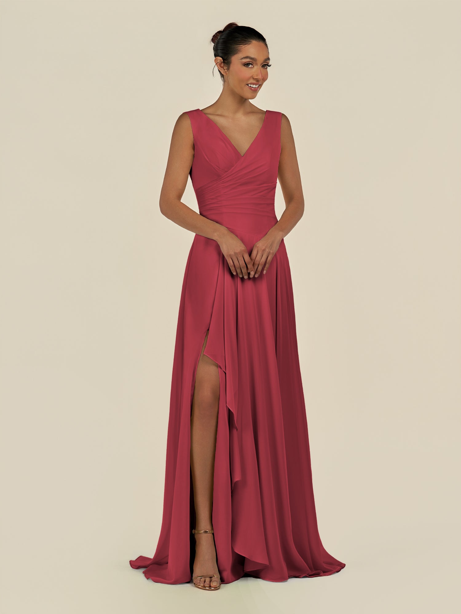 KissDress-Saphir Merlot A Line Chiffon V Neck Ruched Long Bridesmaid Dress with Slit