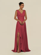 KissDress-Saphir Merlot A Line Chiffon V Neck Ruched Long Bridesmaid Dress with Slit